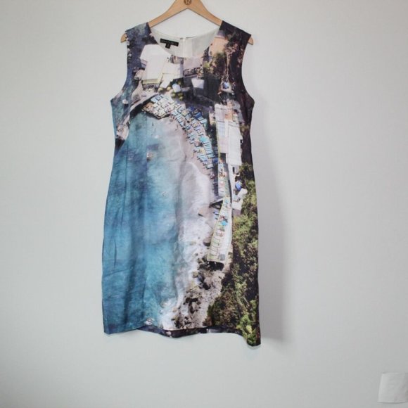 Lafayette 148 New York 100% Linen Beach Scene Shift Sheath Dress Size 14 H13021 - Picture 2 of 9